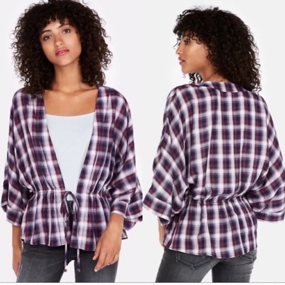 Express Purple Plaid Tie Front Kimono Blouse Top NEW